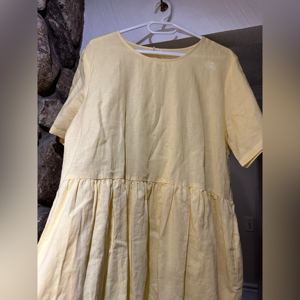 Vintage Handmade Linen Cotton Blend Midi Dress butter Yellow Cottagecore Size L - Picture 8 of 14